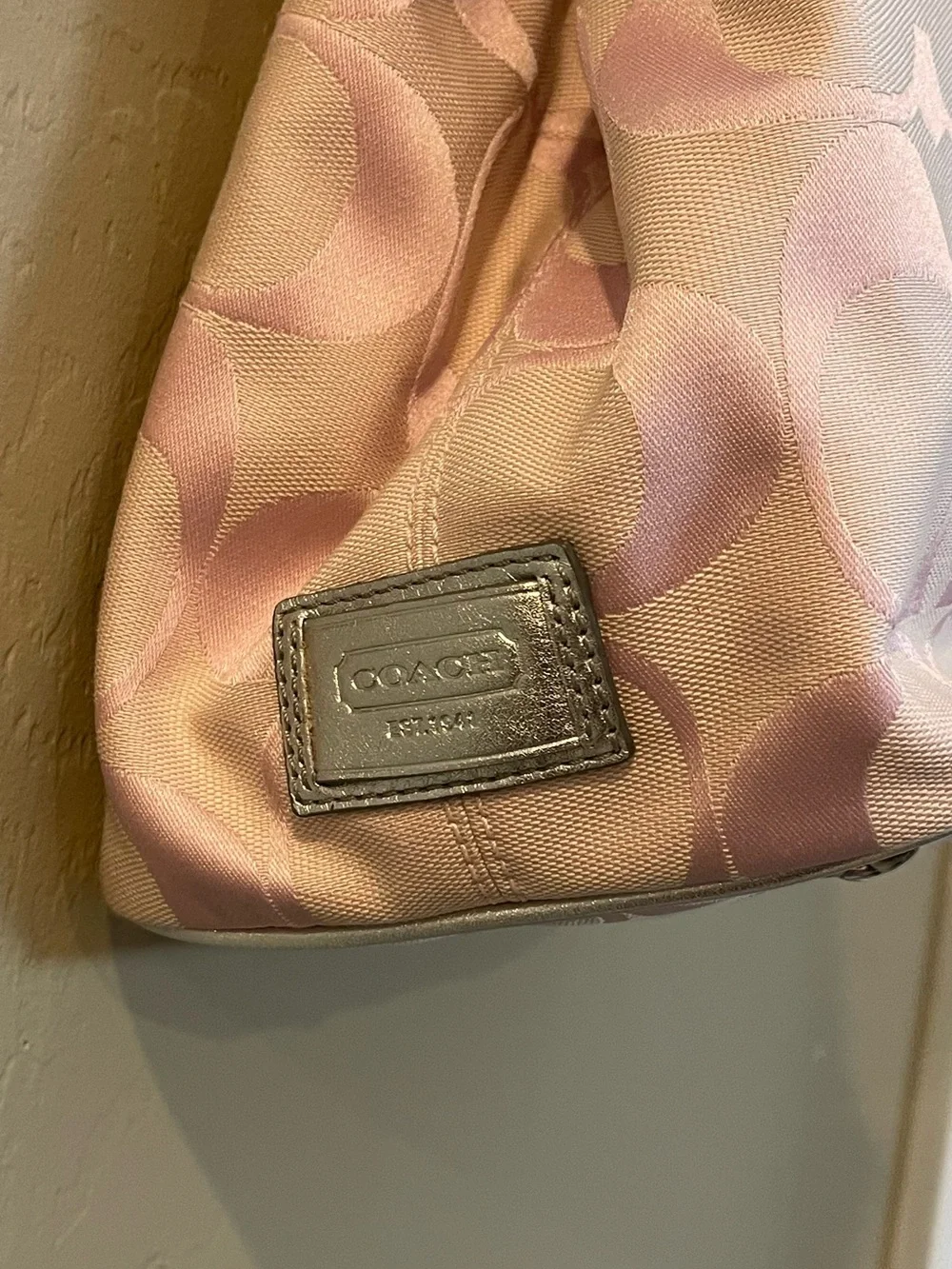 Pink Patterned Tote with Silver Trim and Top Frame Closure